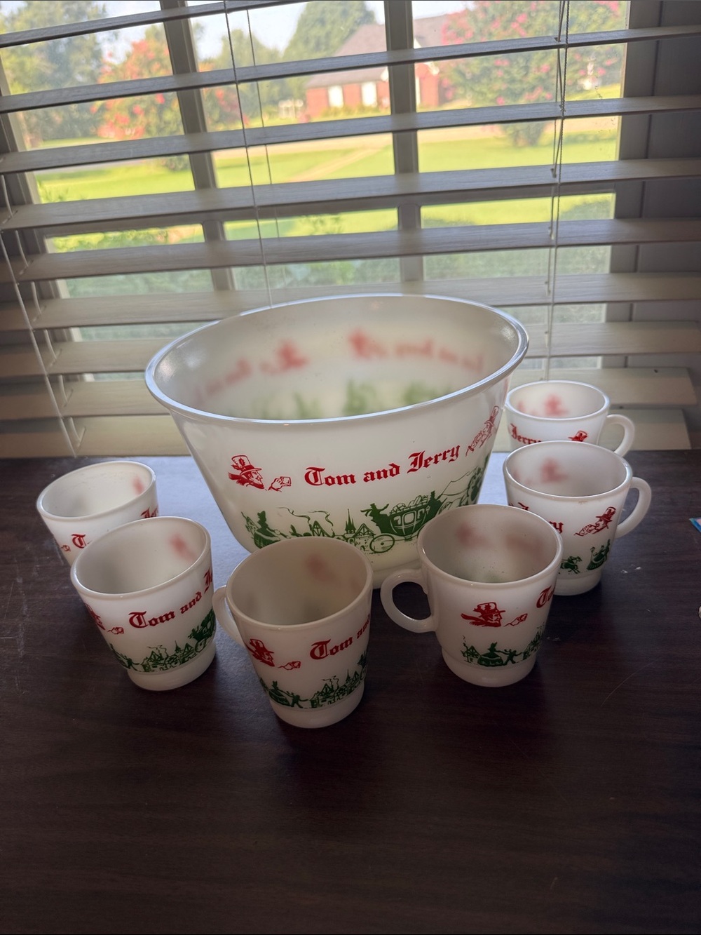 Tom and Jerry Milk Glass Punch Bowl Set in White, Red & Green